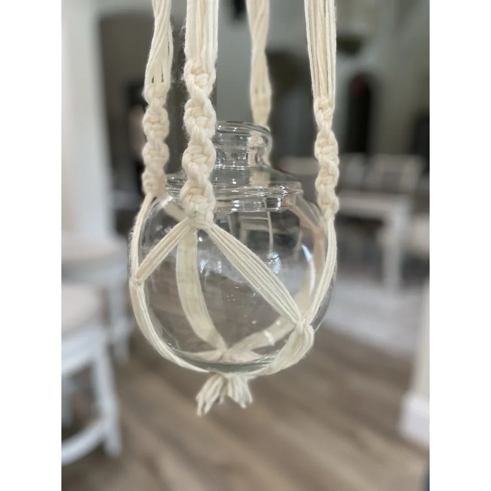 Vtg Handmade Yarn Macrame Plant Hanger Boho Indoor Hanging Lidded Jar Terrarium‎